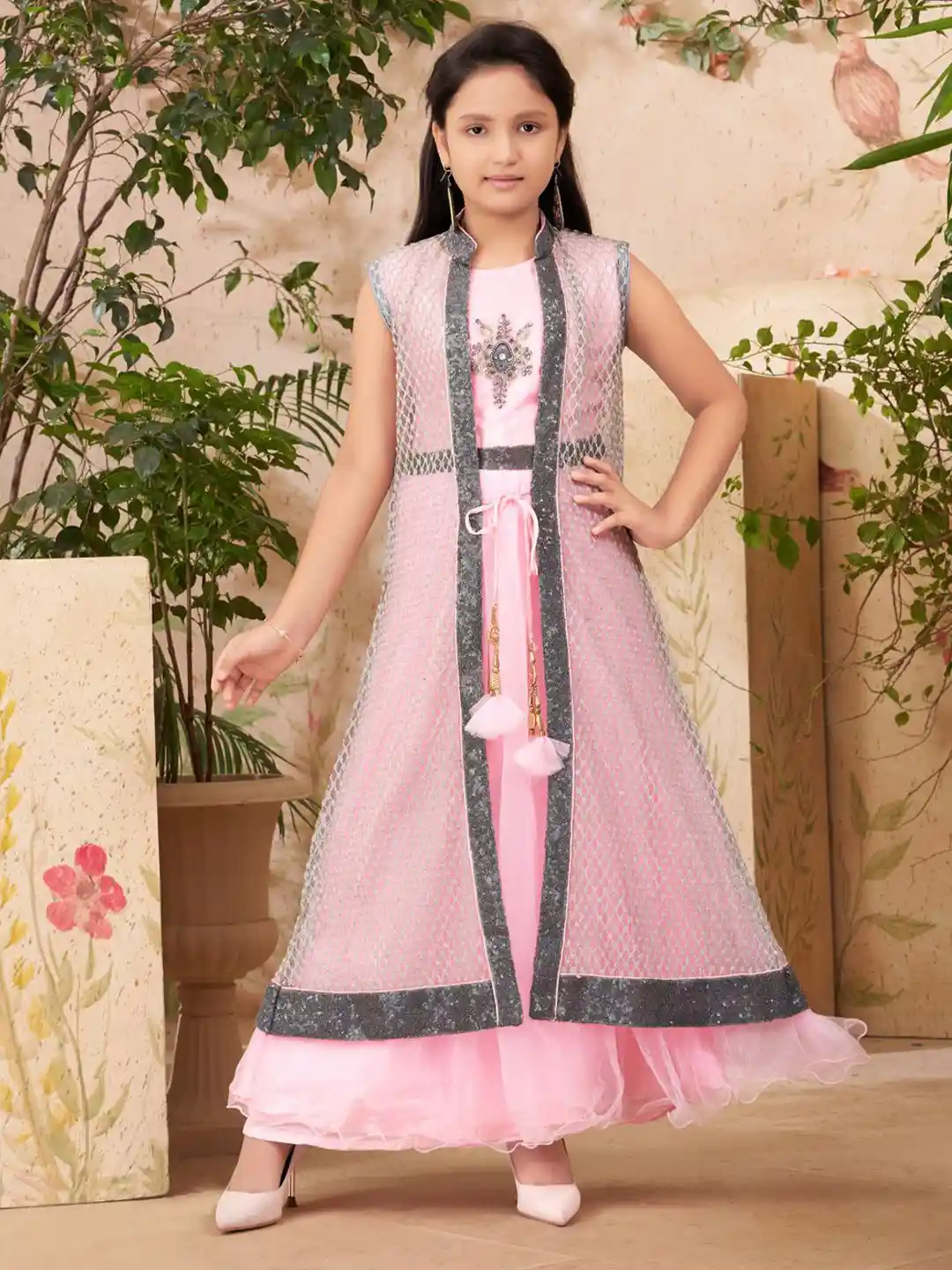 Gown Girls Pink Shrug Sangria Girls Embroidered Gown Ethnic Dress