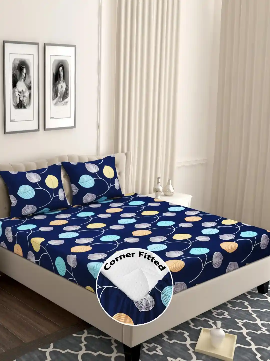 bsb home Navy Blue Yellow Floral 210 TC Queen Bedsheet with Pillow  Covers