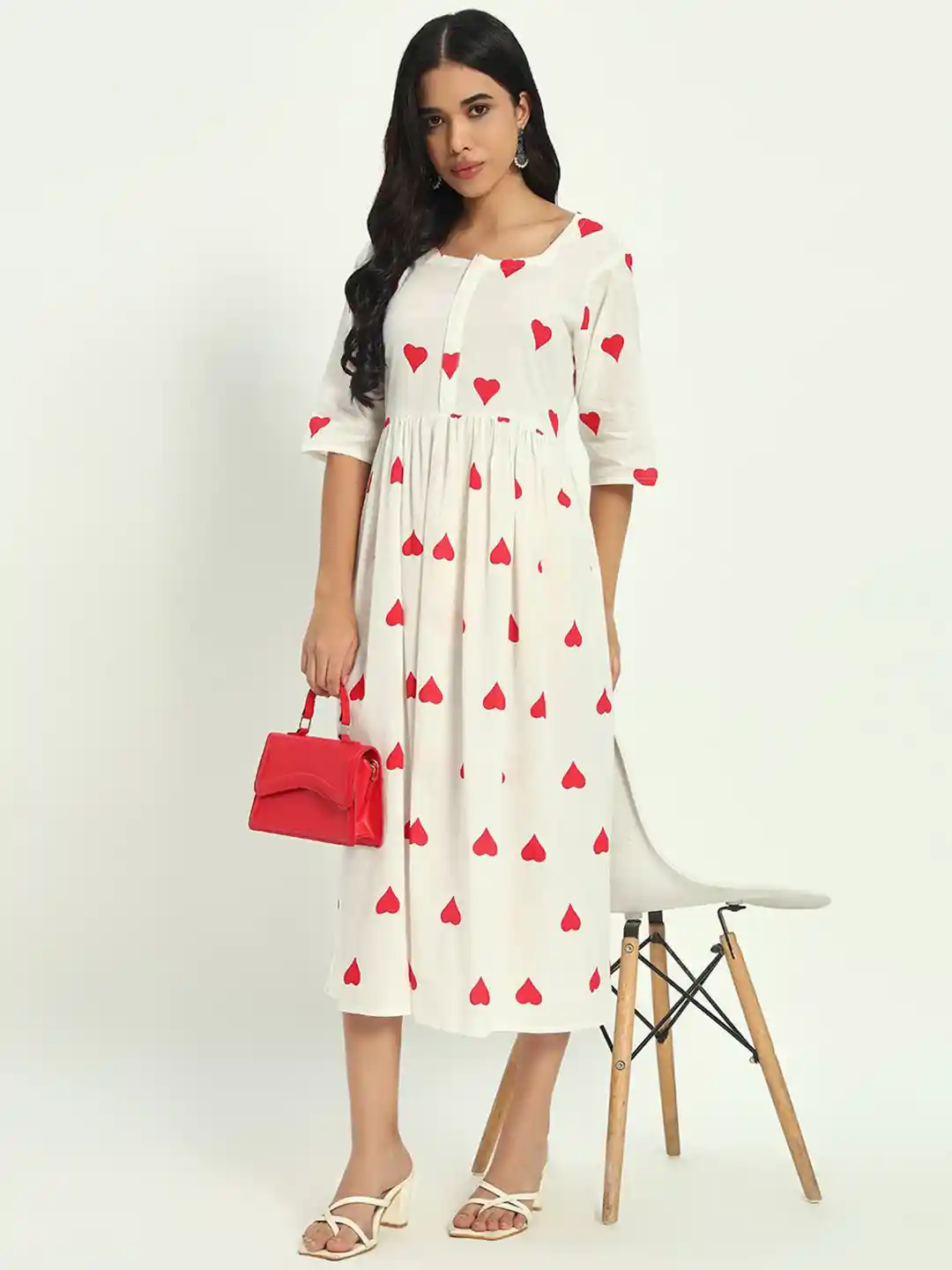 ASHRU Heart Printed Square Neck Flared Dress