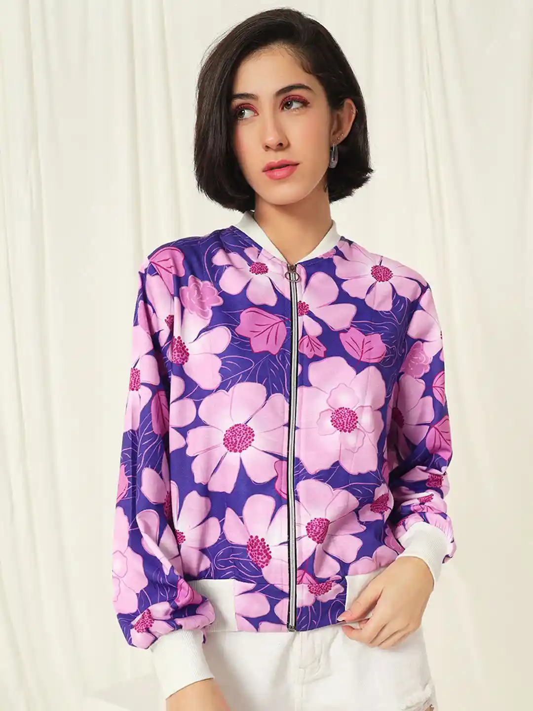 TANDUL Women Floral Lightweight Crop Bomber Jacket