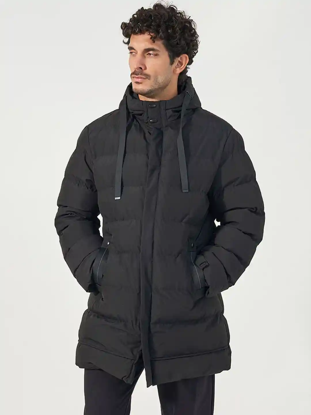 Styli Men Longline Hooded Puffer Parka Jacket with Drawstring Tape Detail