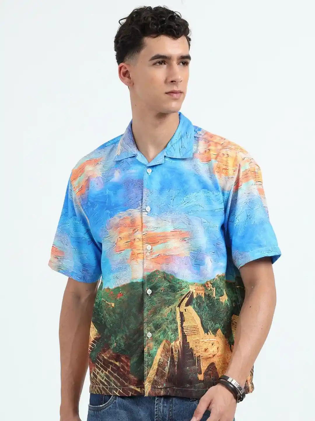 Buy NEVER NEUD Men Relaxed Satin Great Wall of China Printed