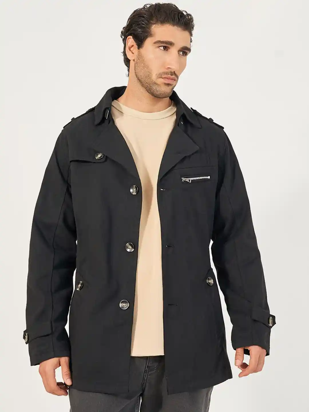 Styli Men Belted Trench Coat with Chunky Buttons
