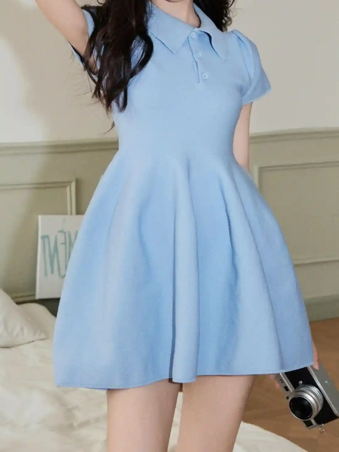 KPOP Casual Mini Solid Short Sleeves Fit and Flare Dress