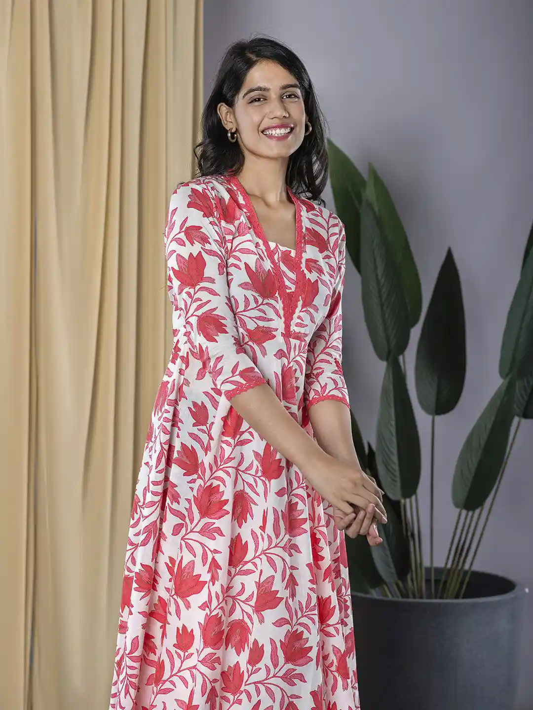 Buy KALINI Women Floral Print Pure Cotton Formal Fit Flare Midi