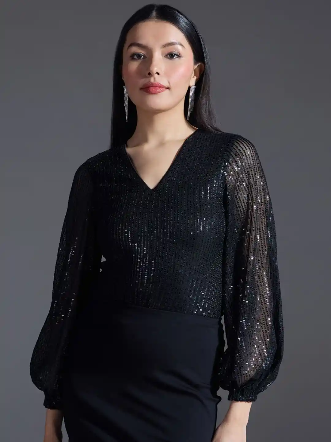 20Dresses Women Sequin Embellished V Neck Puff Sleeves Top