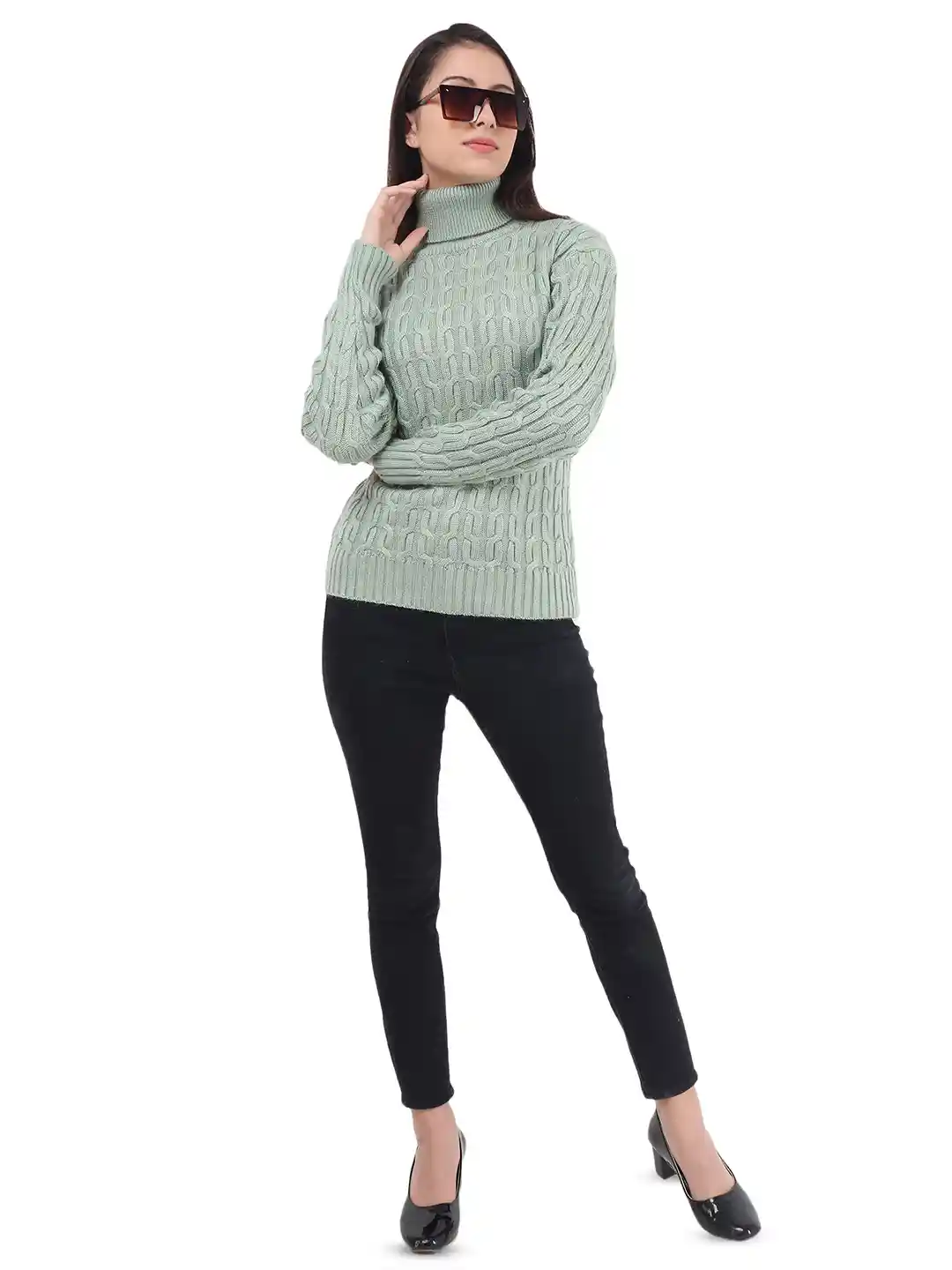 HAUTEMODA Women Cable Knit Woollen Turtle Neck Long Sleeves Cardigan Sweater