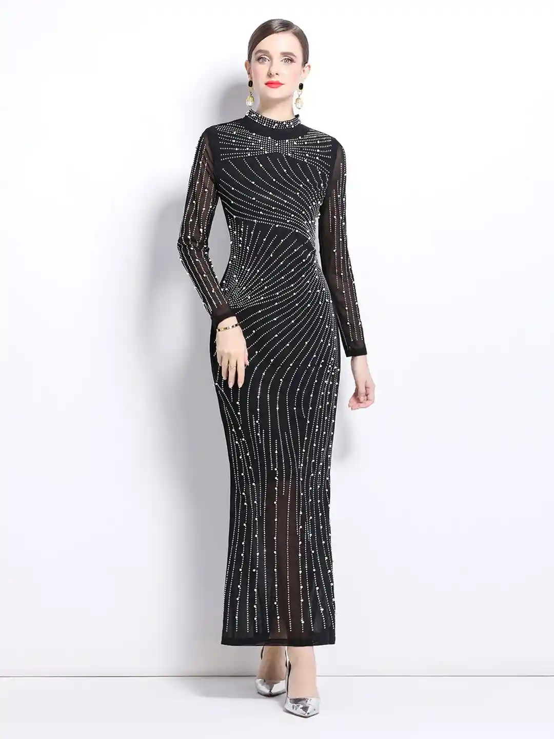 JC Collection Embellished High Neck Long Sleeves Maxi Dress
