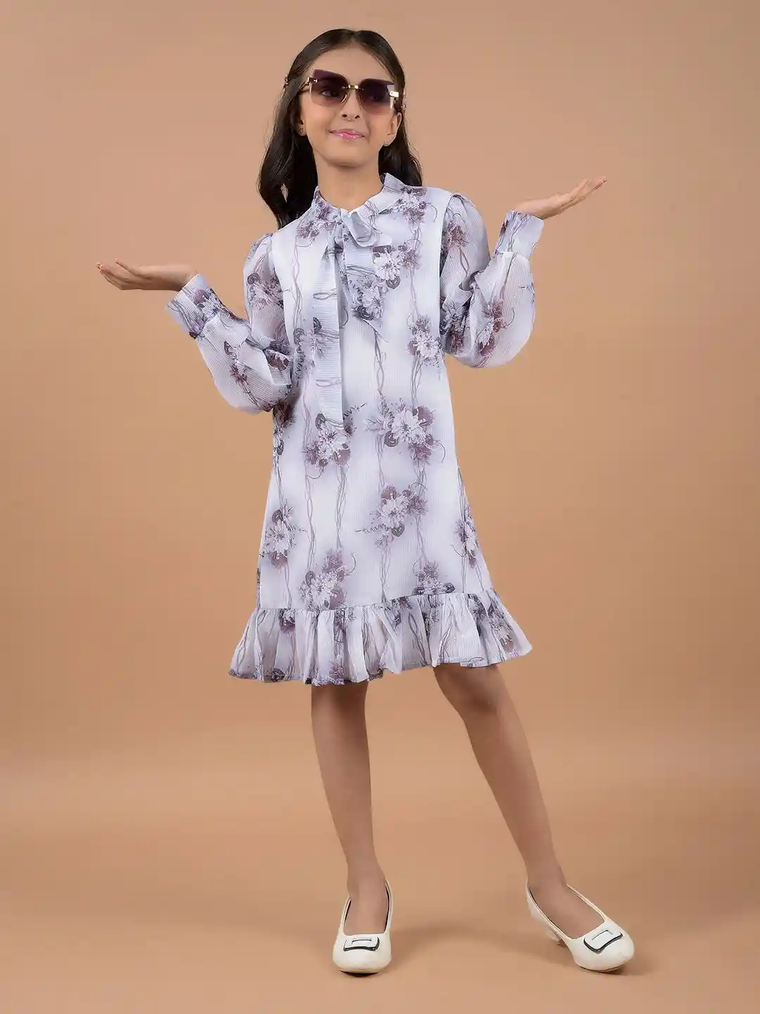 Crimsoune Club Girls Floral Printed Round Neck Long Sleeves A-Line Dress