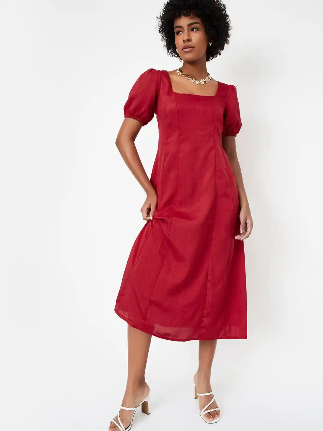 Buy max Women Solid Puff Sleeve A-Line Midi Dress Dresses for
