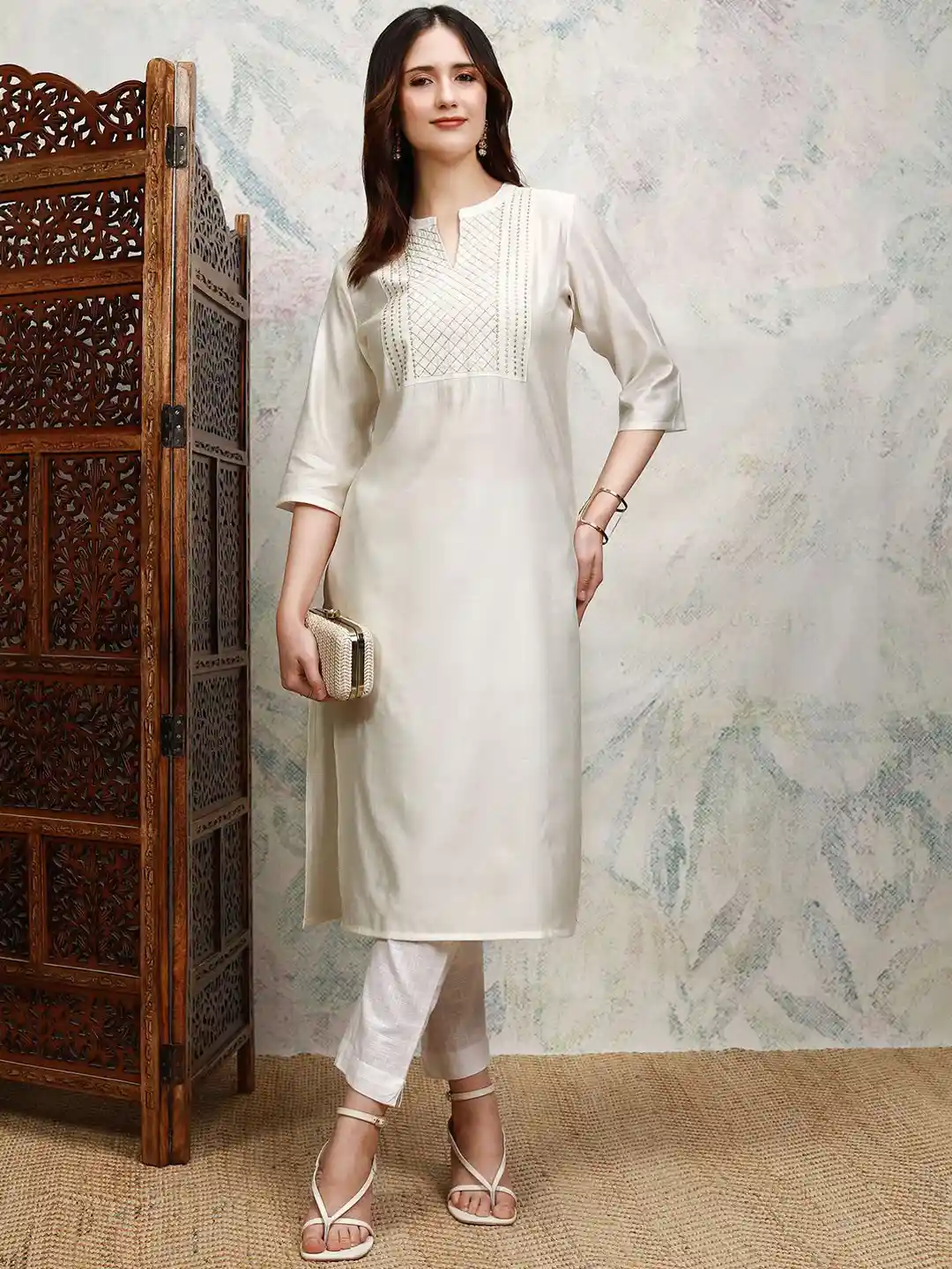 Buy Vishudh Thread Work Mandarin Collar Straight Kurta Kurtas - Main Image