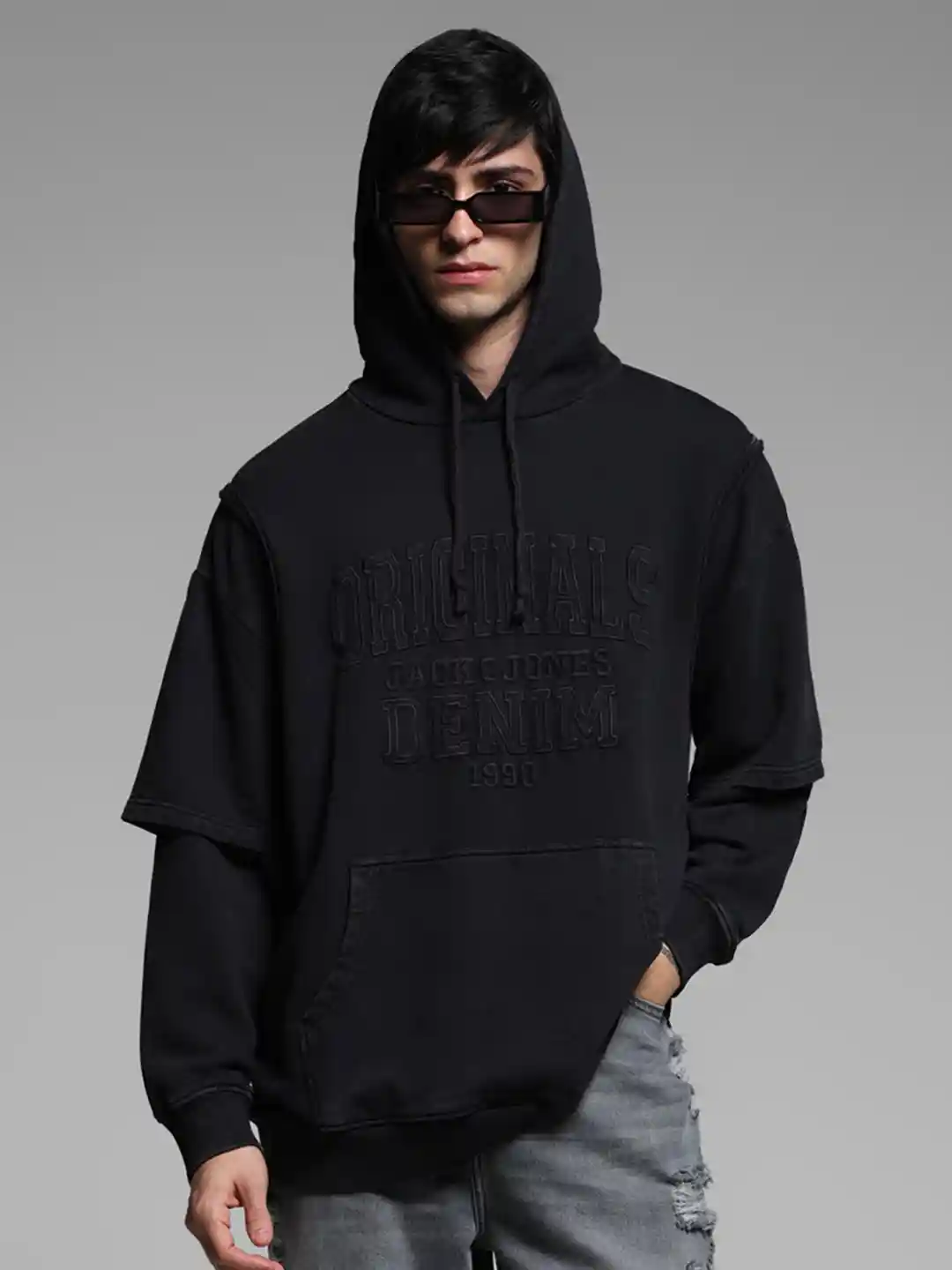Jack Jones Men Typography Printed Hood Cotton Pullover Ribbed Sweatshirt
