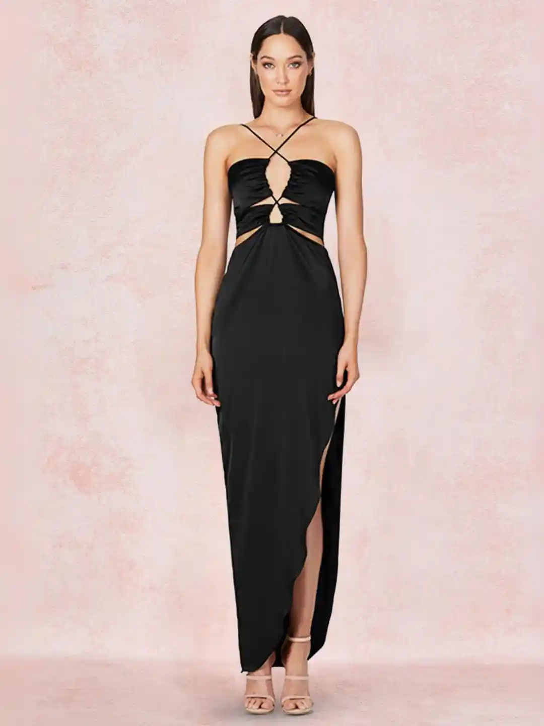 WomanLikeU Women Solid Cutout Dress With Thigh-Slit Satin Sheath Maxi Dress