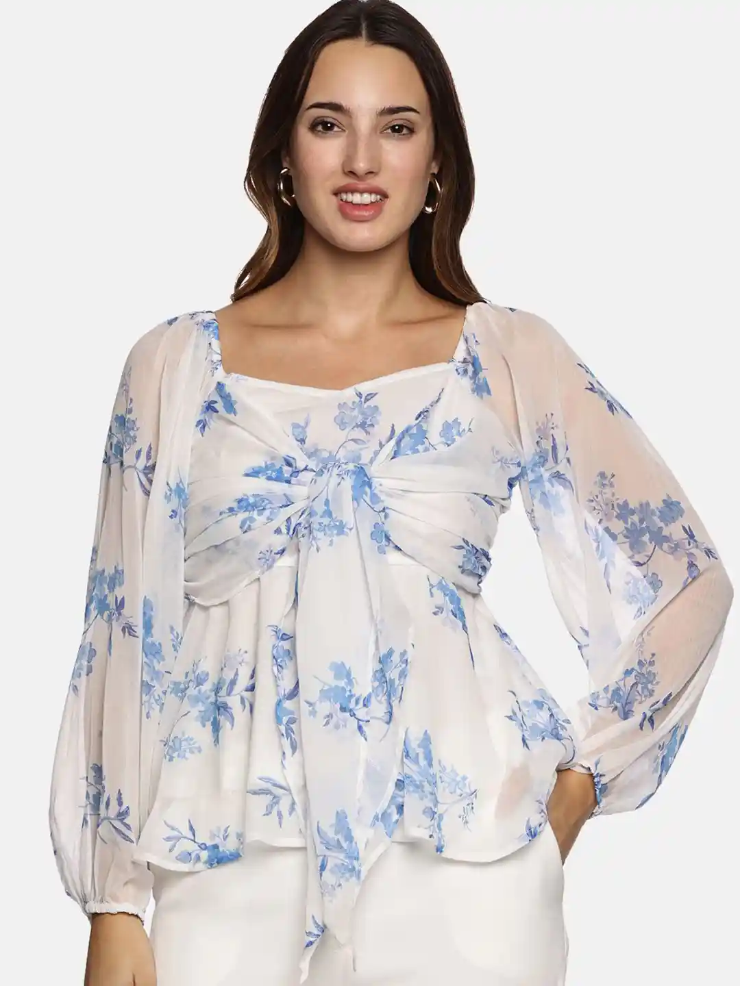 ISU Women Floral Printed Sweetheart Neck Puff Sleeve Chiffon Empire Top