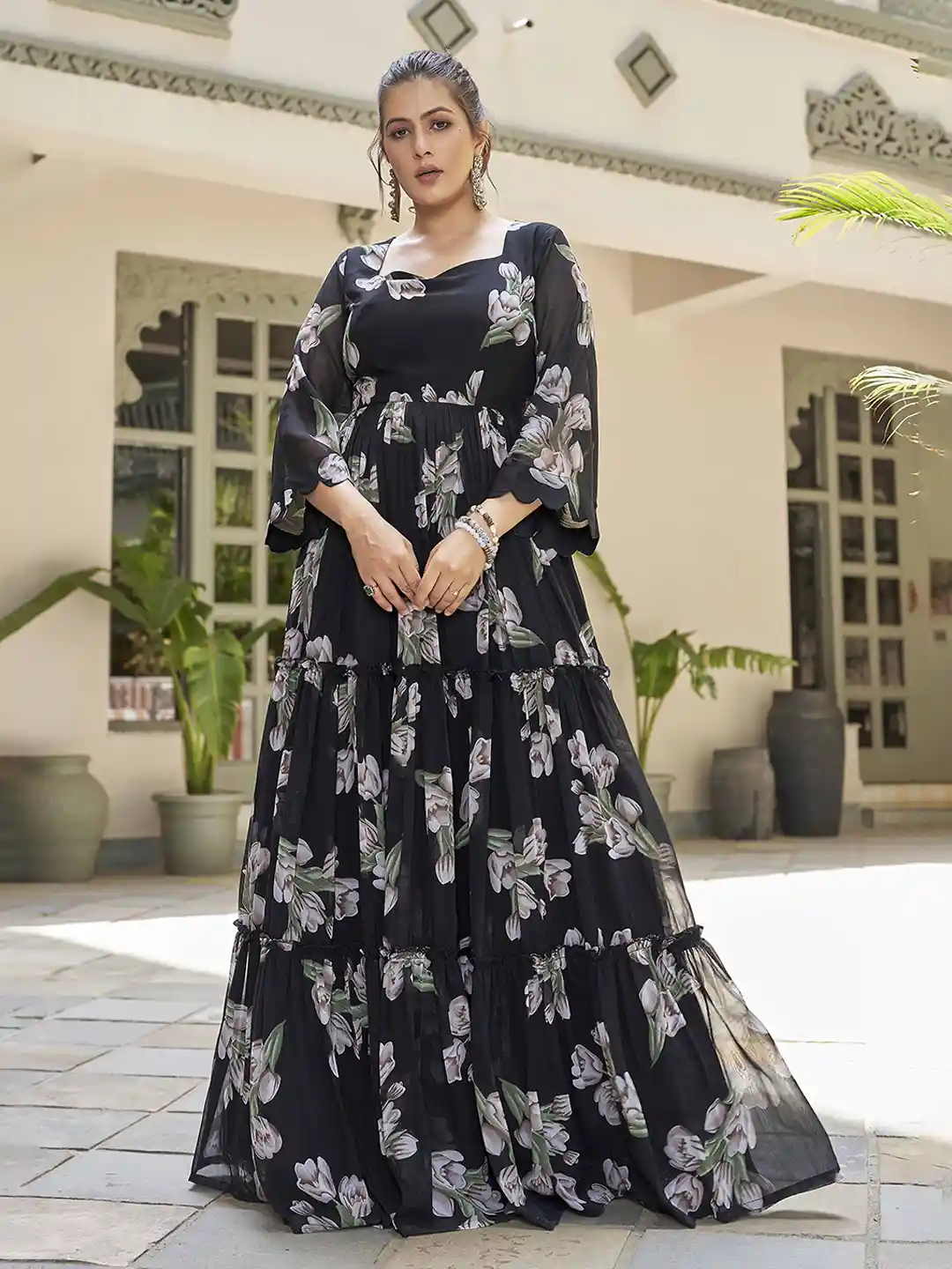 Buy Chandbaali Women Floral Print Bell Sleeve Georgette Maxi Dress