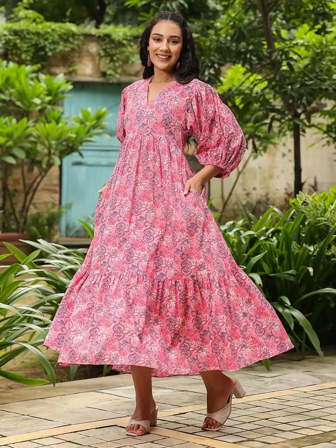 Buy Jaipur Morni Women Cotton Pink V Neck Floral Print Puff Sleeve