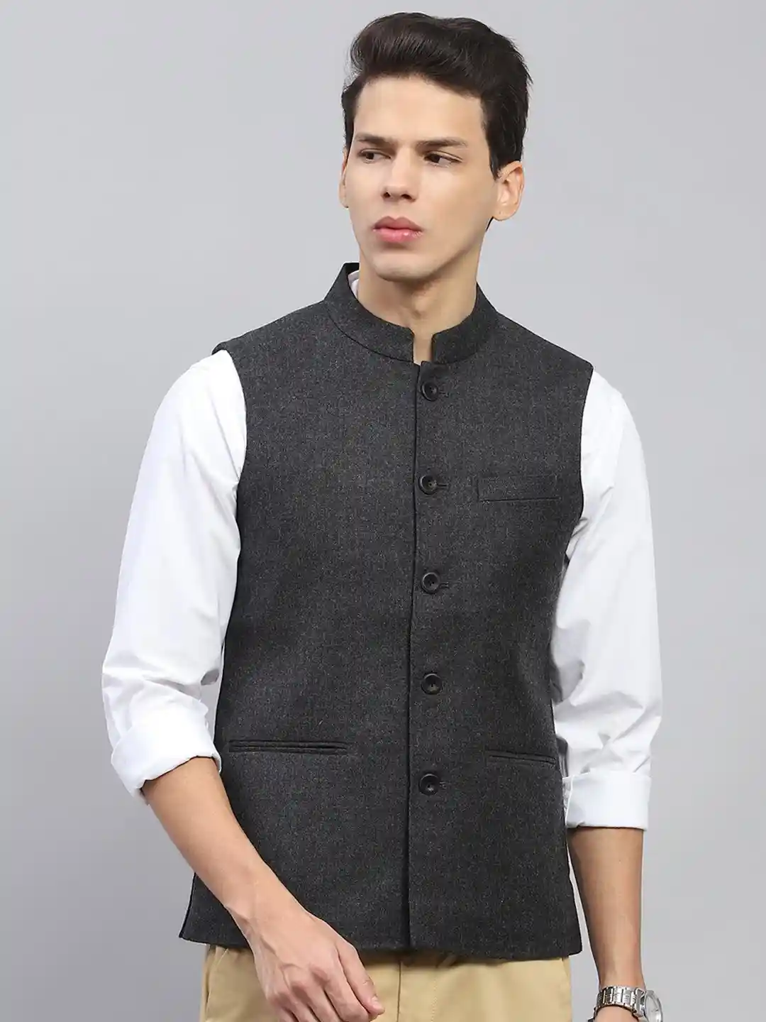 Monte Carlo Men Mandarin Collar Solid Wool Casual Tailored Jacket