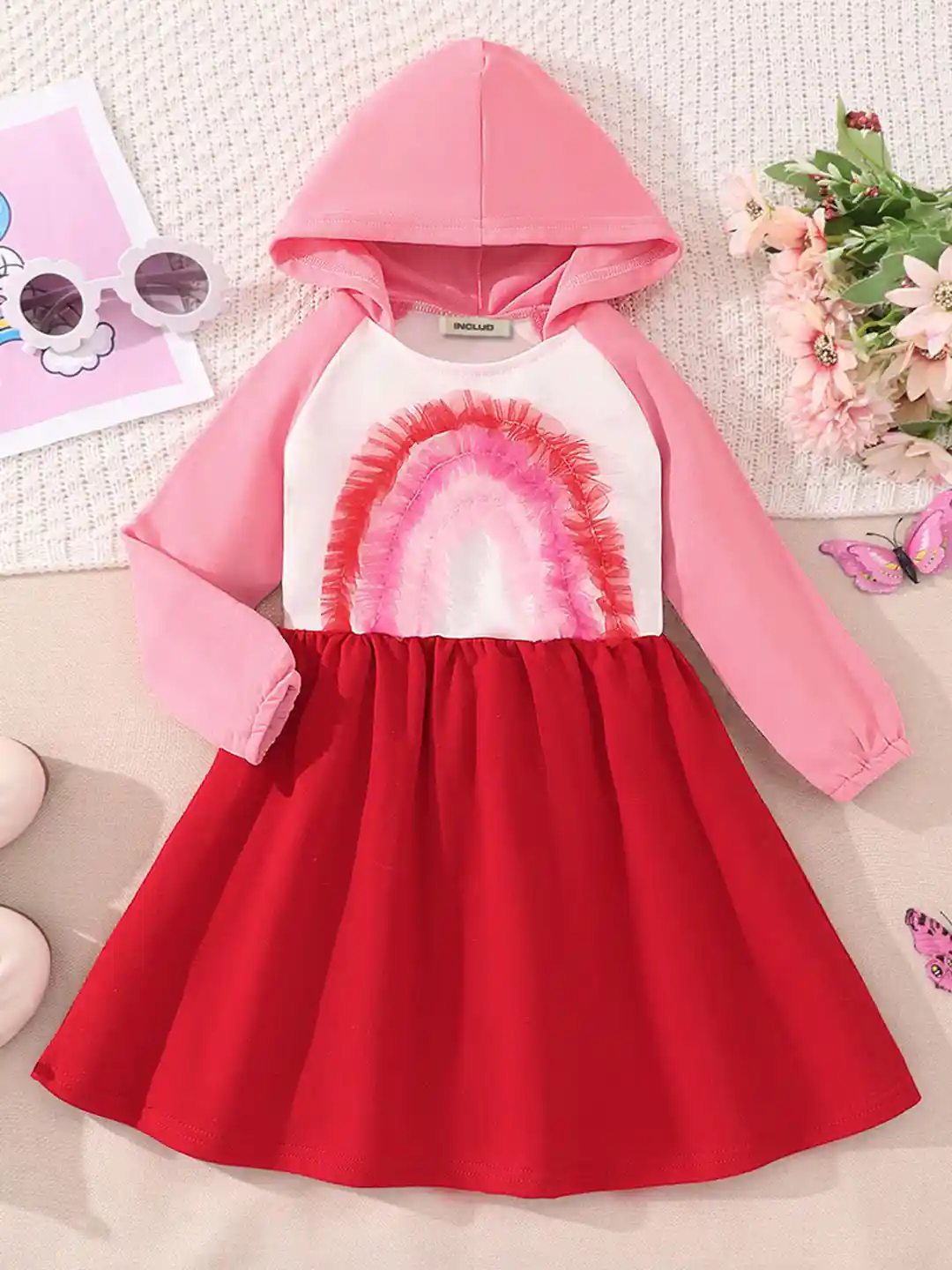 Buy INCLUD Girls Colourblocked Hooded Fit Flare Dress Dresses - Main Image