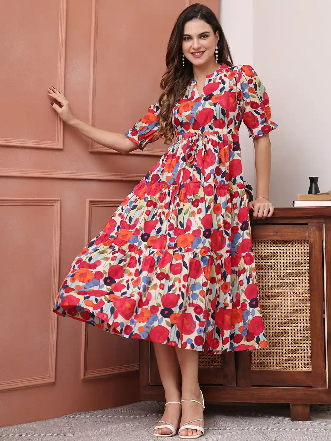 Buy Claura Women Cotton Floral Print Puff Sleeve Fit Flare Midi