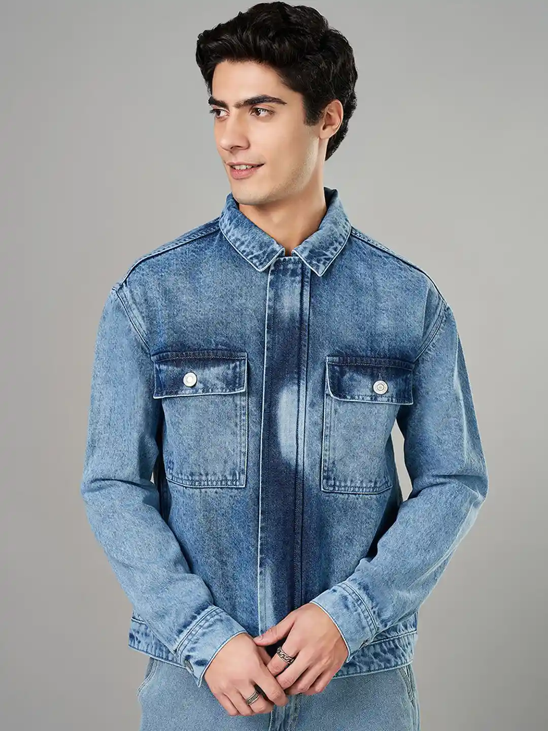 People Men Spread Collar Washed Solid Cotton Casual Denim Jacket