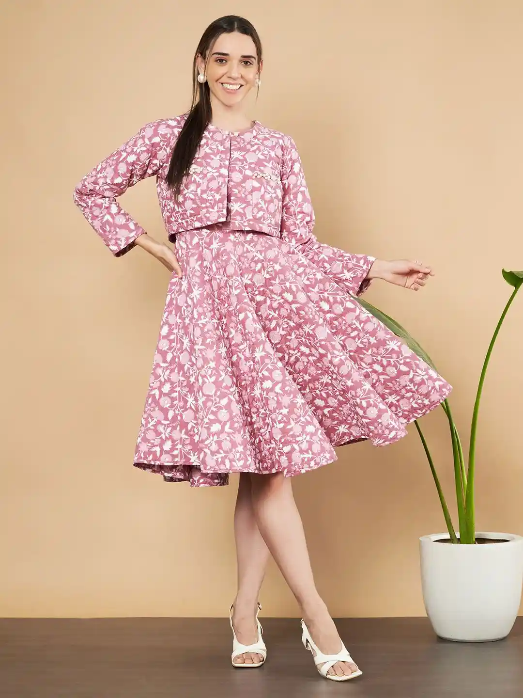 KALINI Women Floral Printed Cotton Round Neck Fit Flare Knee Length Dress