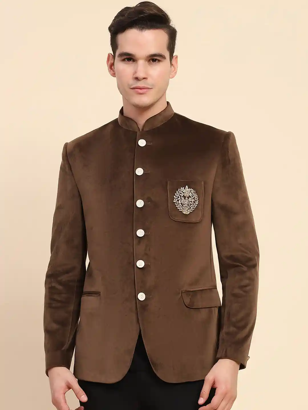 Buy Global Republic Men Embroidery Mandarin Collar Neck Blazer