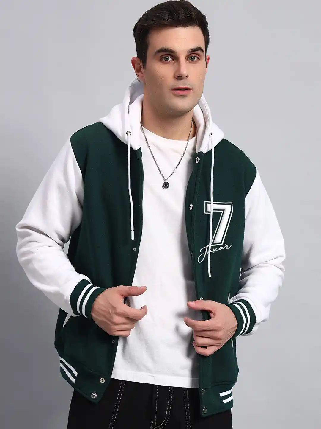 Buy Juxar Men Hooded Colourblocked Cotton Casual Varsity Jacket