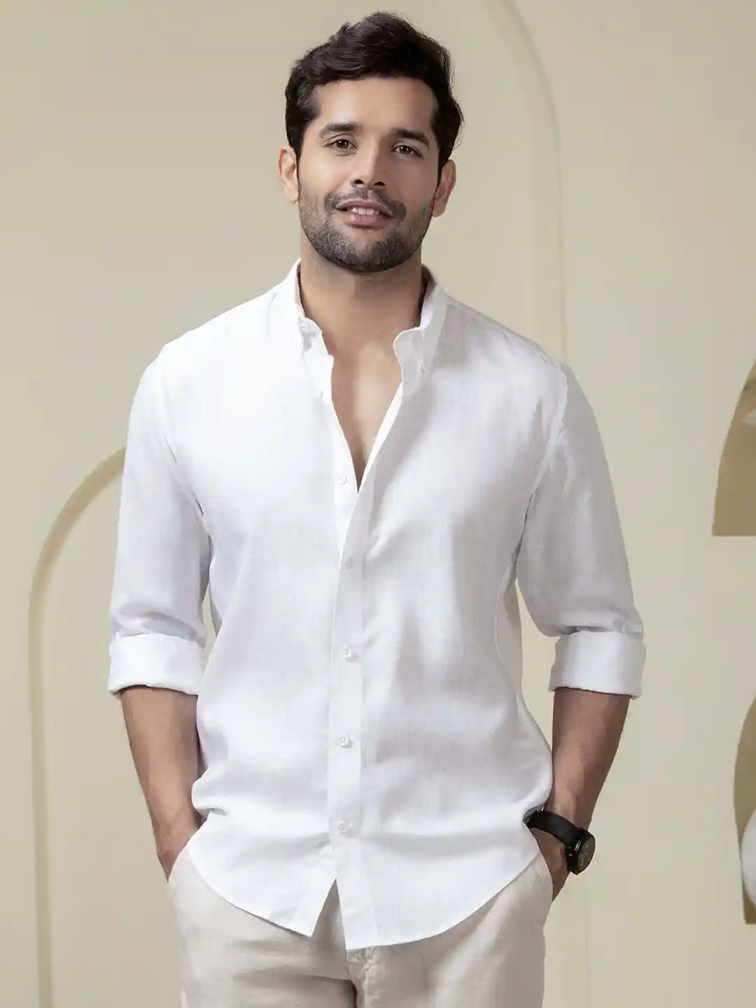 Perch Men White Linen Cotton Button Down Solid Shirt