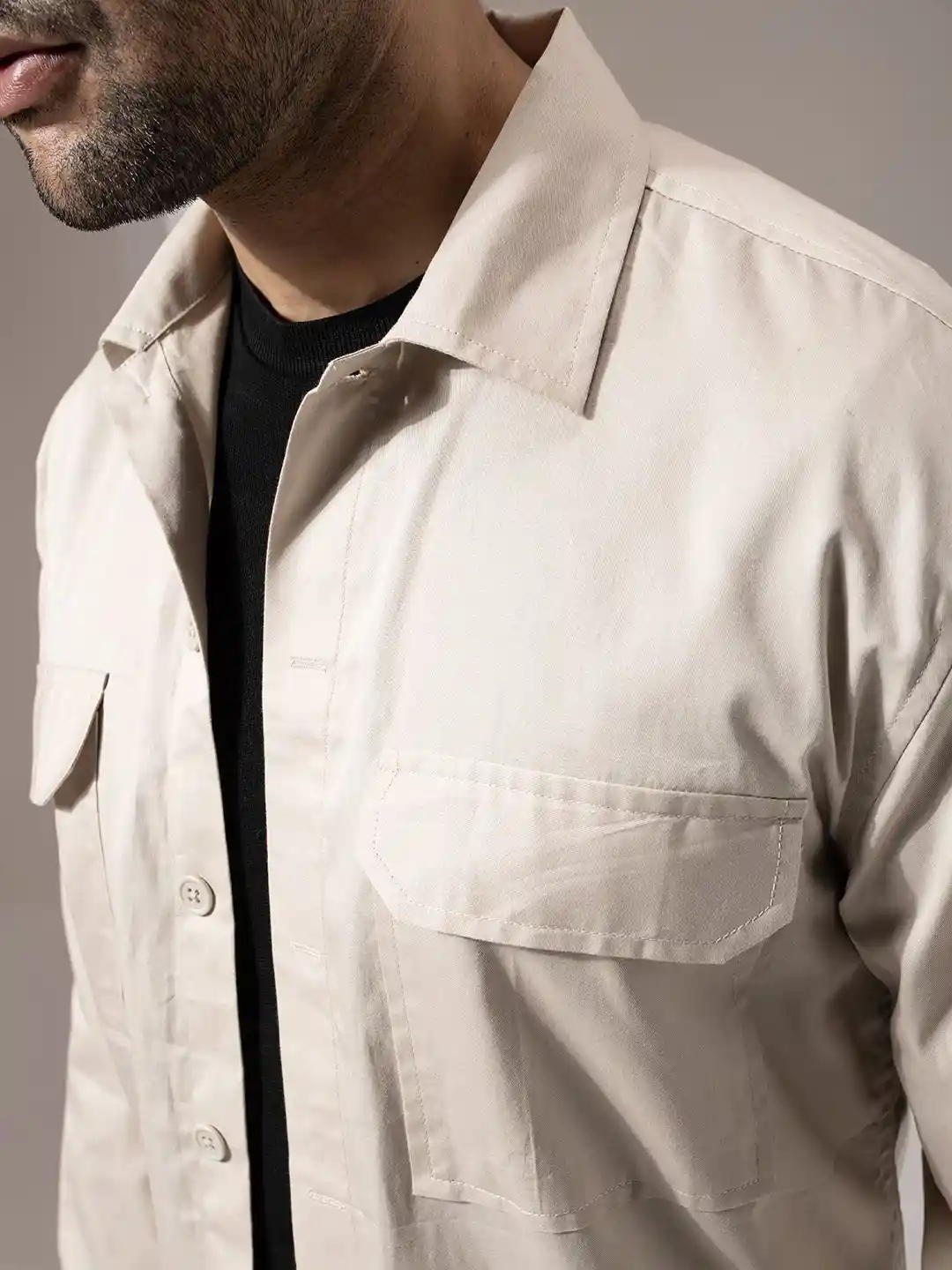 Buy Perch Men Beige Solid Two Pocket Shacket - Shirts for Men