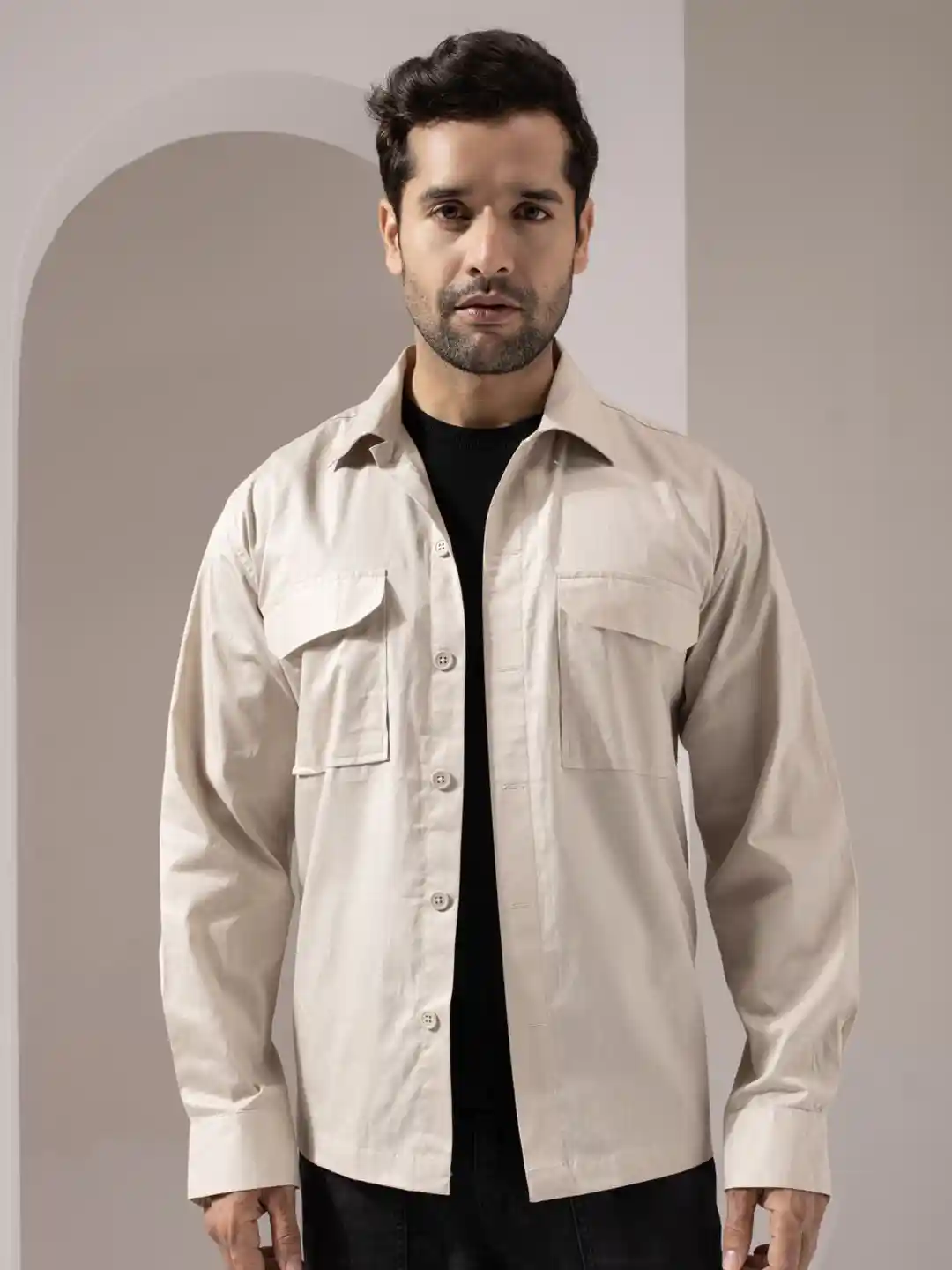 Buy Perch Men Beige Solid Two Pocket Shacket Shirts for Men