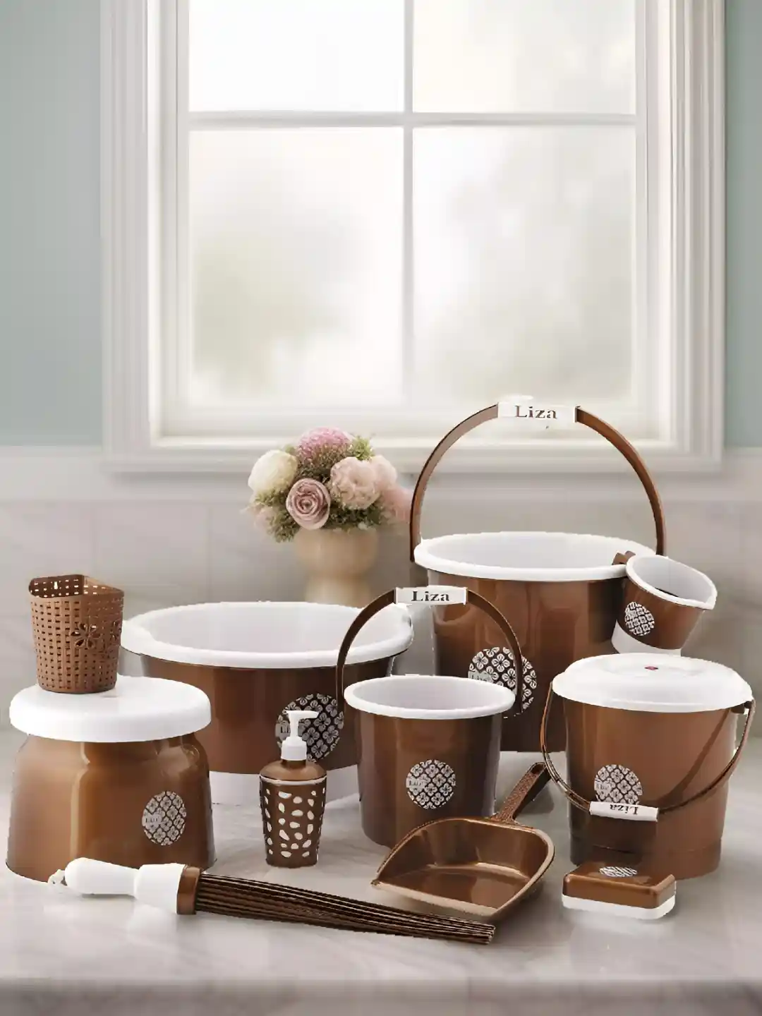 Buy NABHYA Brown and White 11 Pieces Floral Printed Bathroom