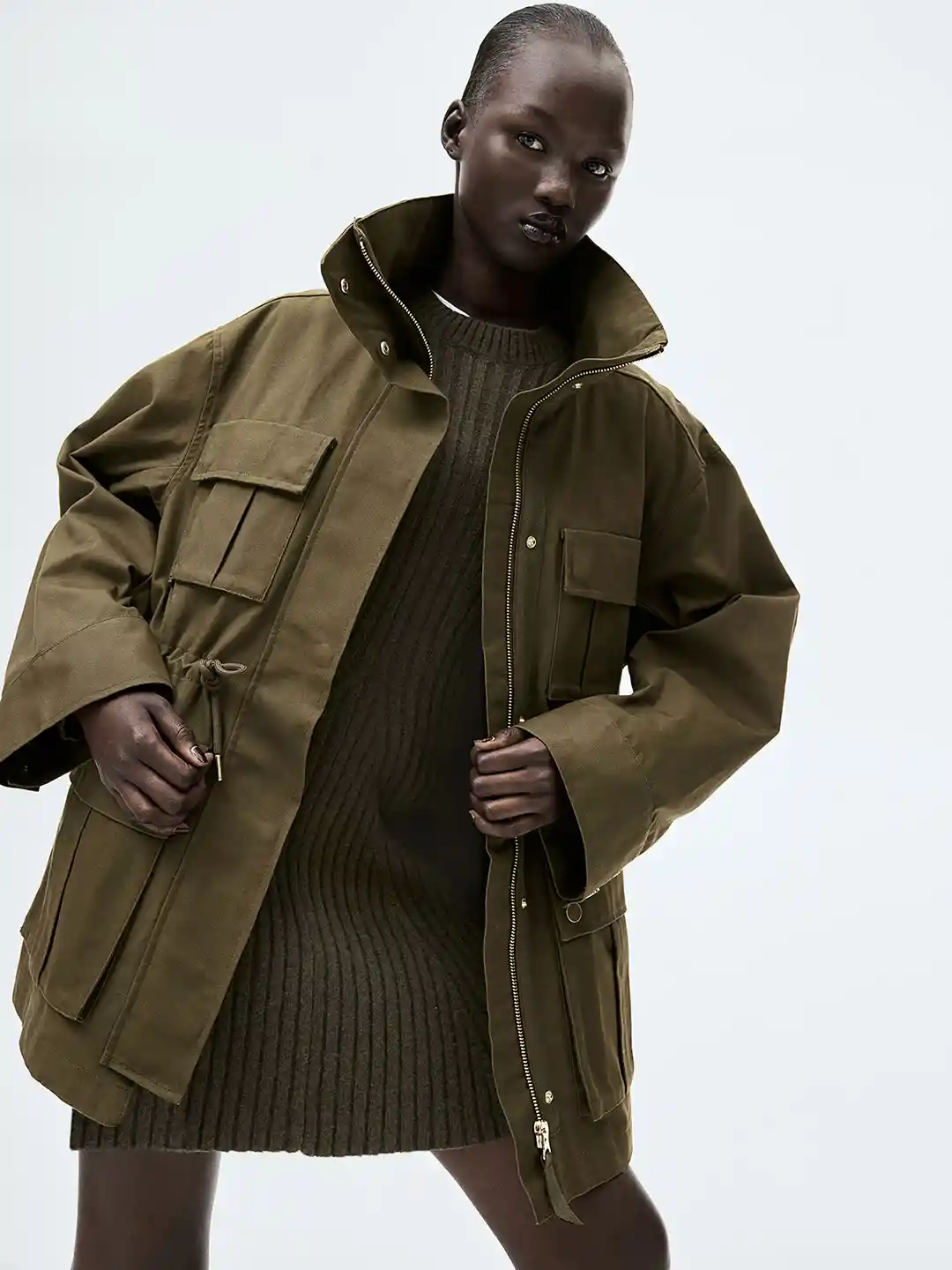 Khaki Green Stand Up Collar Puffer Jacket H&m H&m Padded