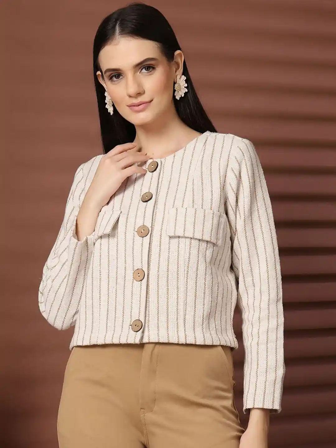 plusS Striped Cotton Crop Tailored Jacket