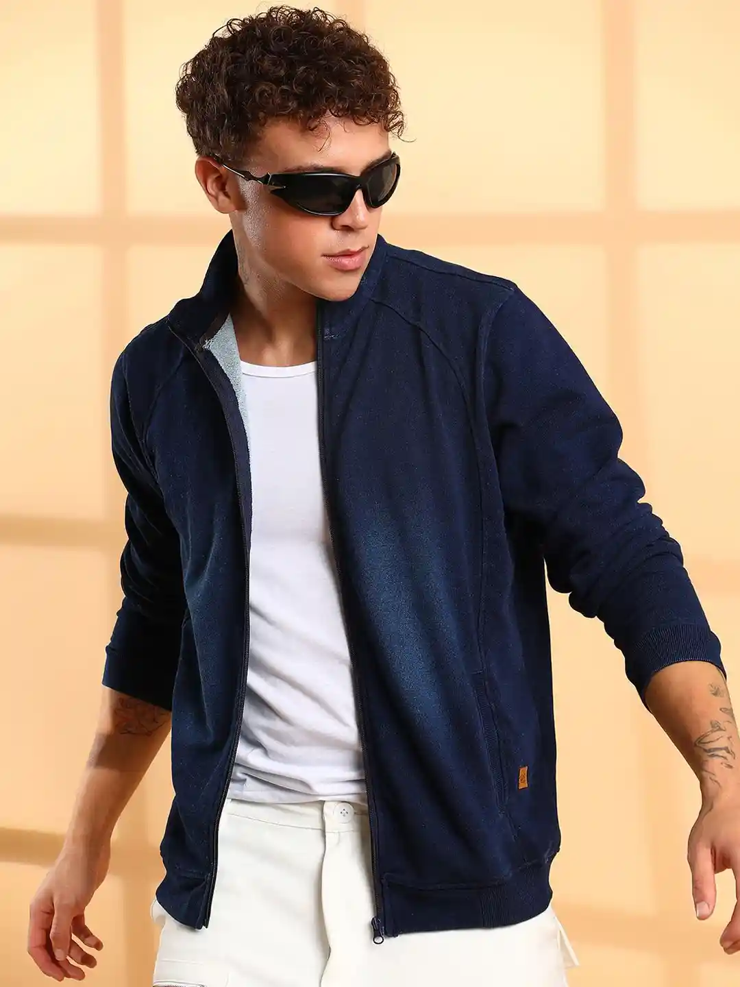 Buy Campus Sutra Men Mock Collar Solid Cotton Casual Denim Jacket