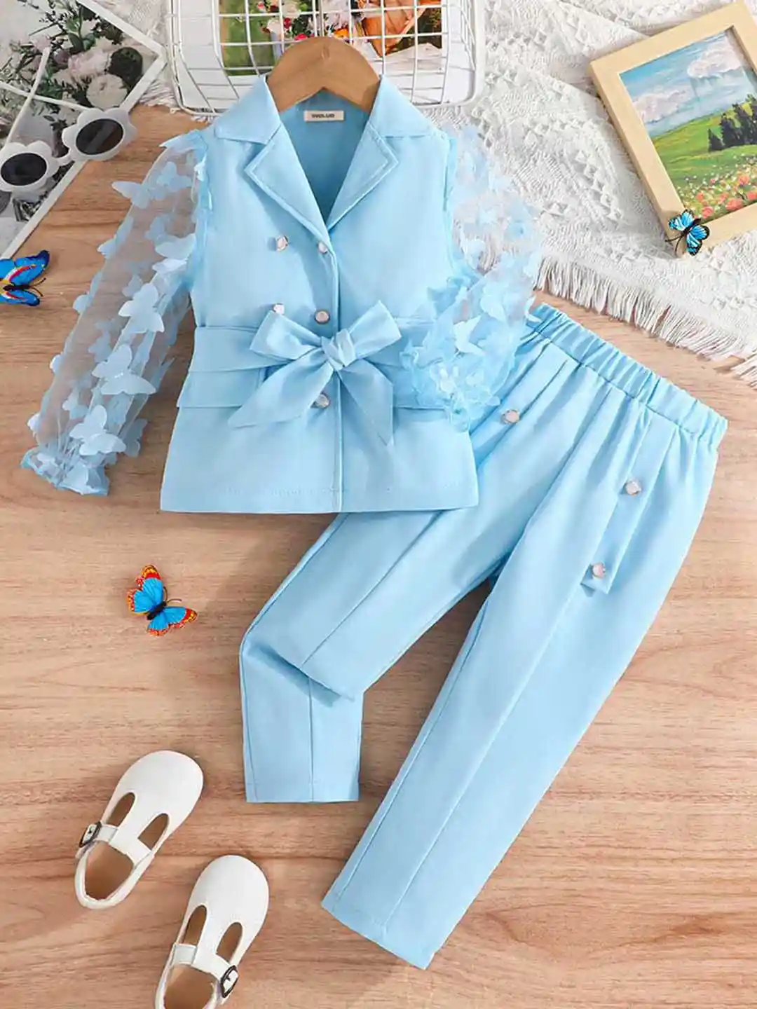 Buy INCLUD Girls Lapel Collar Long Sleeves Coat With Trouser