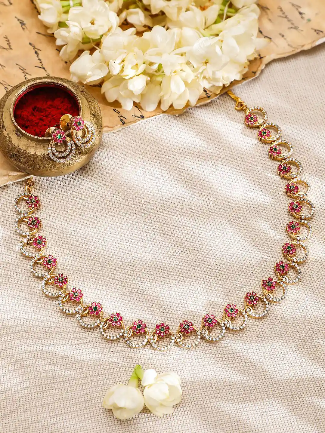 Rubans 22K Gold-Plated Pink Green Stone CubicZirconia Necklace Set with  Matching Earring