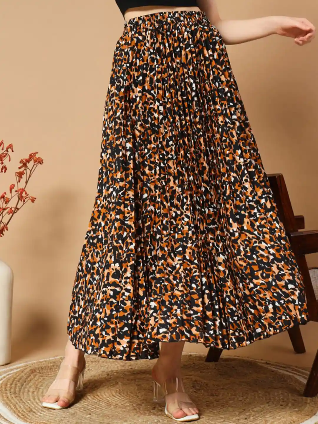 ZWERLON Animal Printed Accordion Pleated A-Line Maxi Skirt