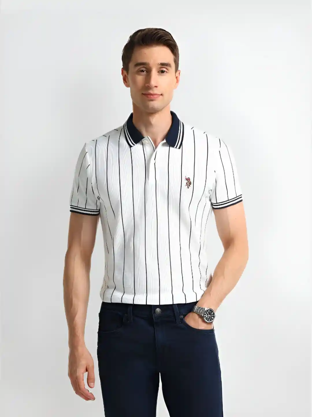 Buy Polo Denim Men Striped Polo Collar Cotton Slim