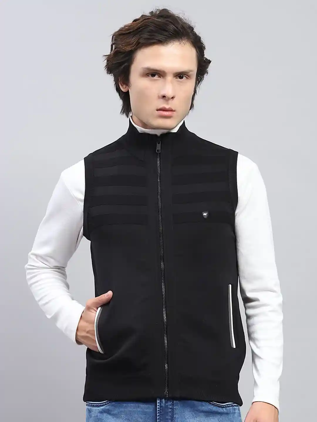 Buy Monte Carlo Men V Neck Sleeveless Sweater Vest with Zip Detail