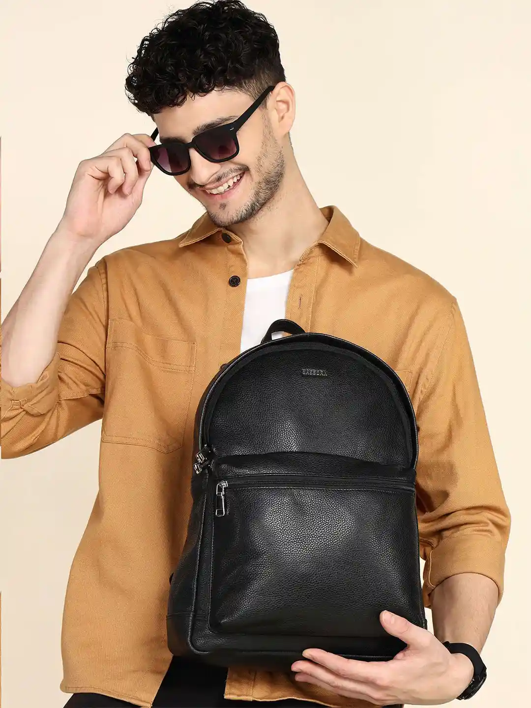 Sassora Men Leather Backpack with Compression Straps