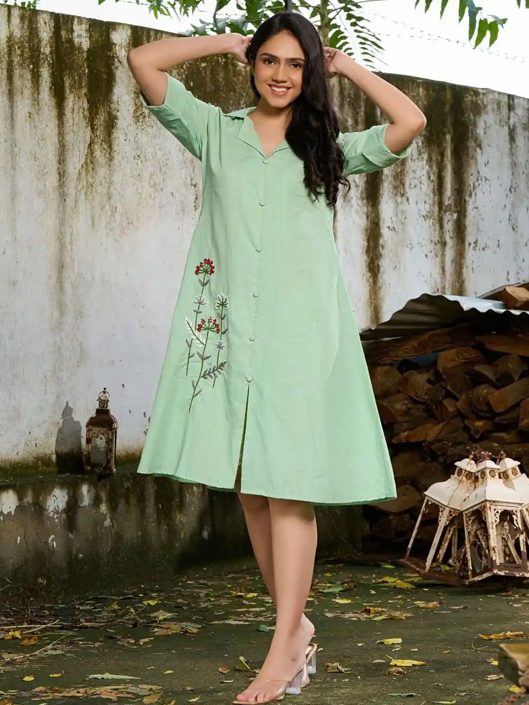 HOUSE OF JAMOTI Women Floral Embroidered Shirt Collar Knee Length Shirt Dress