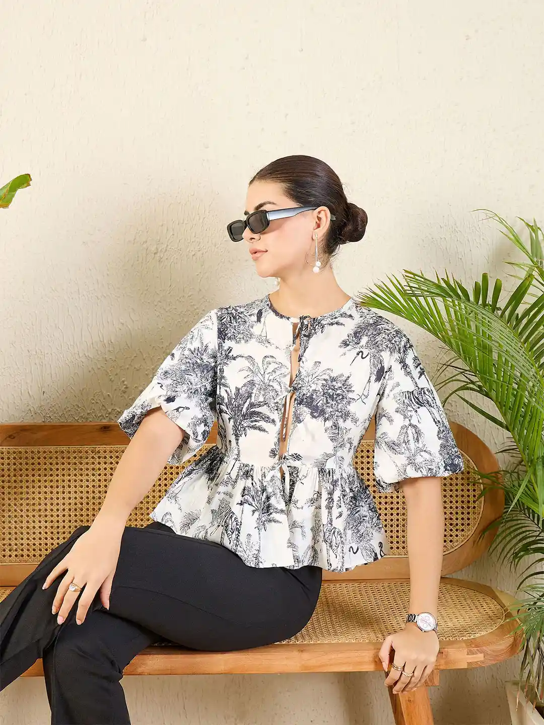 Buy Uptownie Printed Cotton Tie-Up Peplum Top Tops for Women