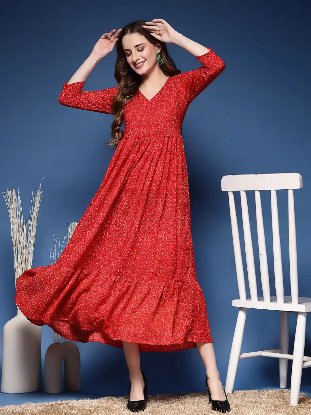 V Neck Red Floral Maxi Dress Long Sleeve Casarile Red Floral Print