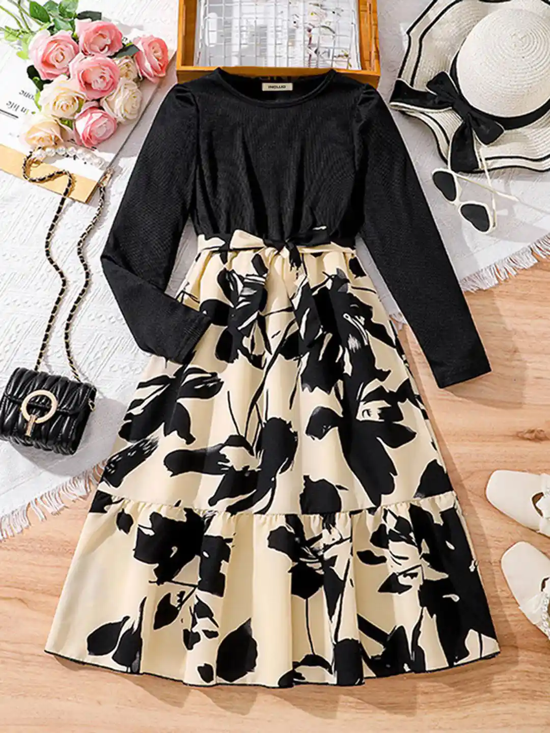 Buy INCLUD Kids-Girls Floral Print Fit Flare Maxi Dress With Tie