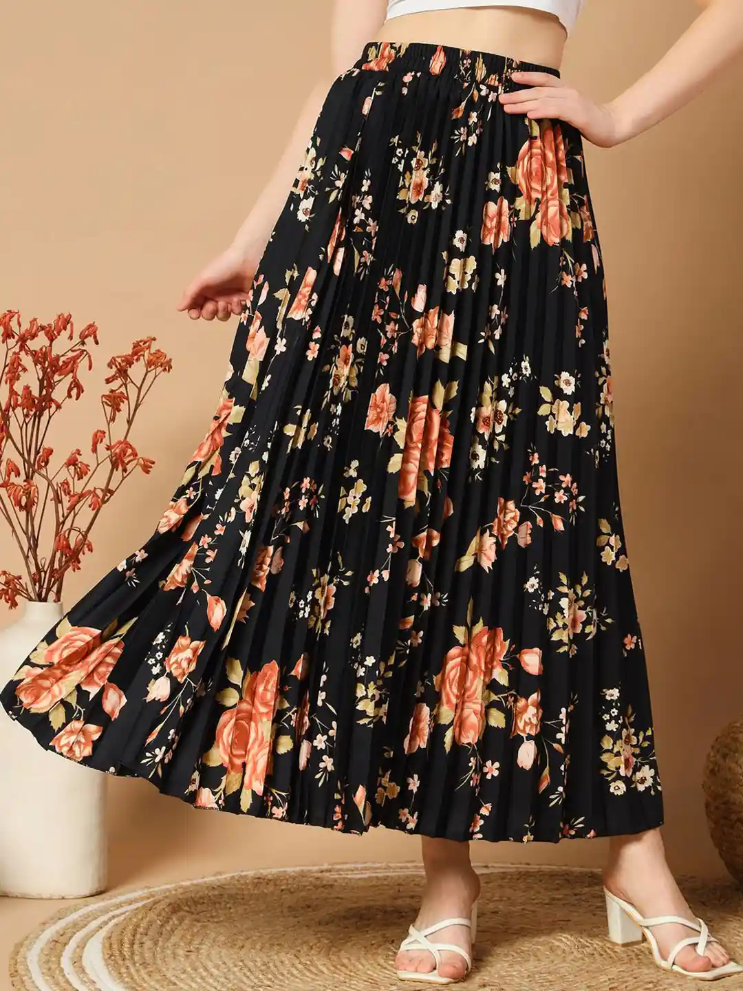 Maxi Skirt Full Chiffon Skirt Knee Length Black Floral Chiffon Floral