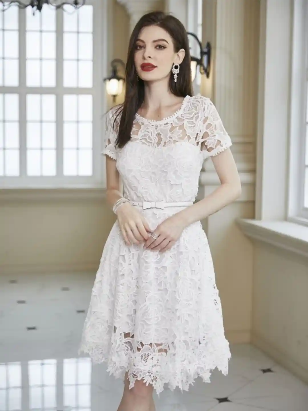 Lace Short Flared Dresses With Sleeves Short Sleeve Lace Fit-and
