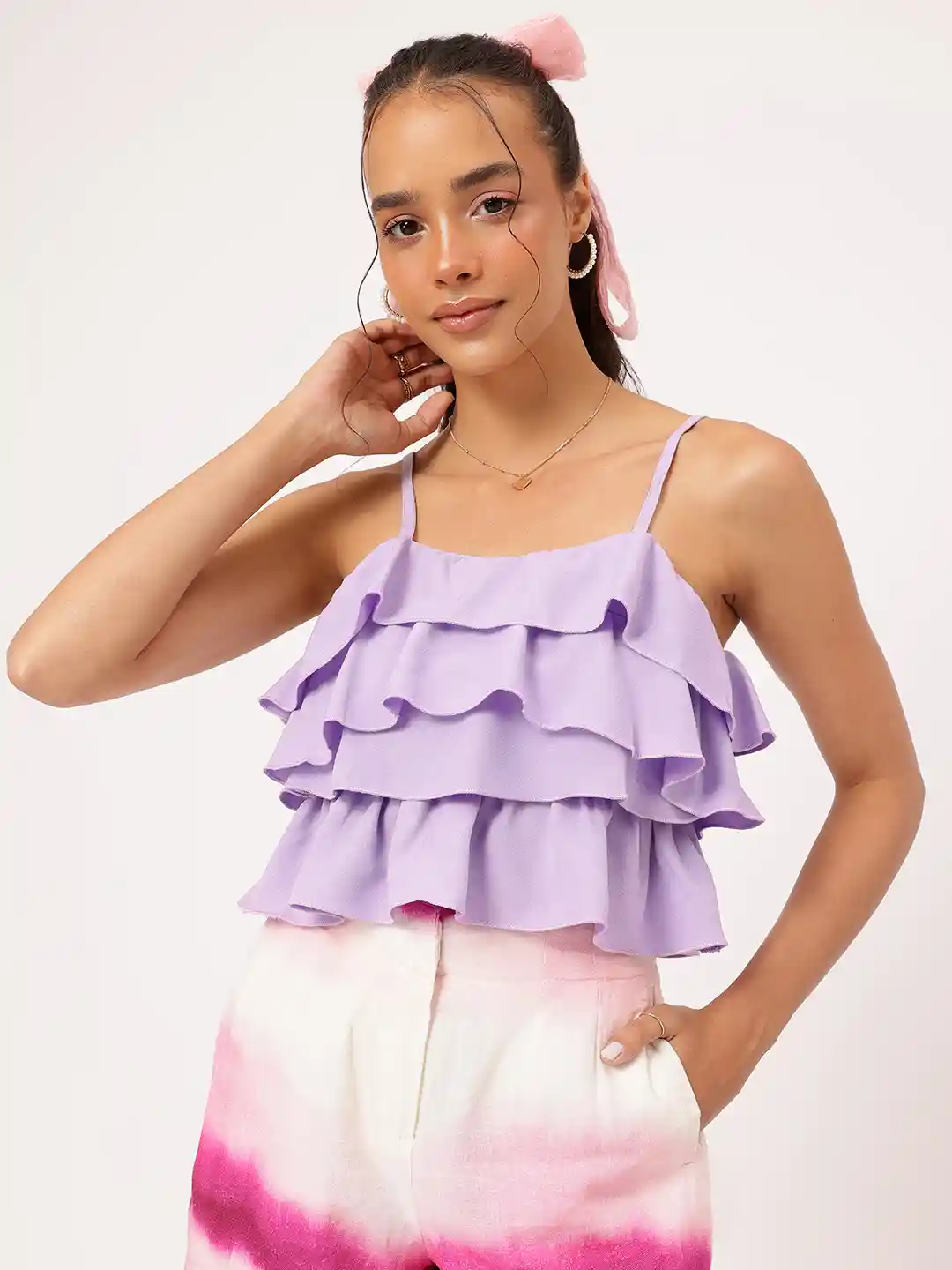 andmary Frill lacy tops Pink Frill Trimmed Lace Top