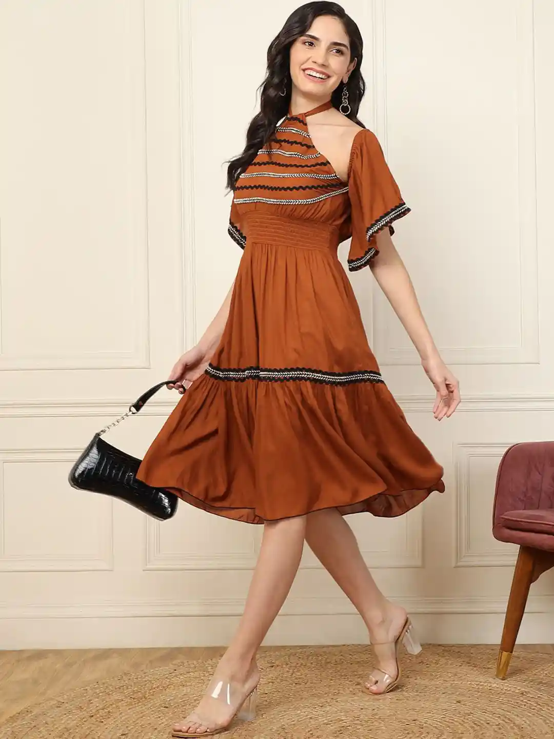 Buy DEEBACO Women Halter Neck Bell Sleeve Fit Flare Midi Dress