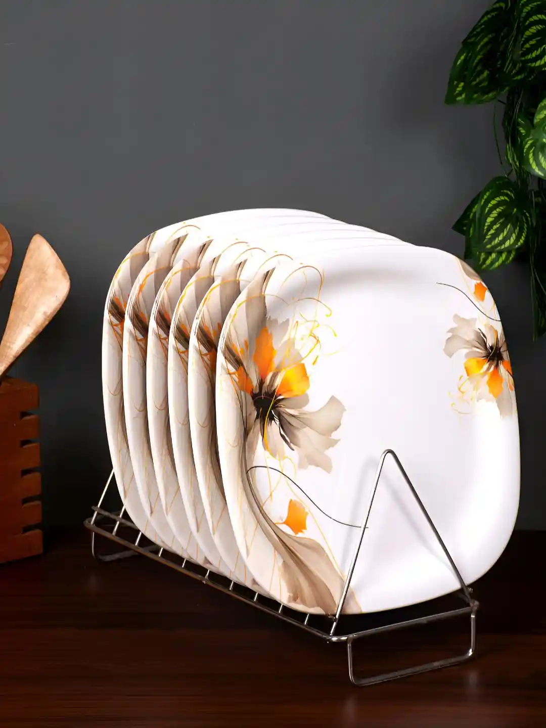 Buy Golden Fish White Brown Pieces Floral Printed Melamine
