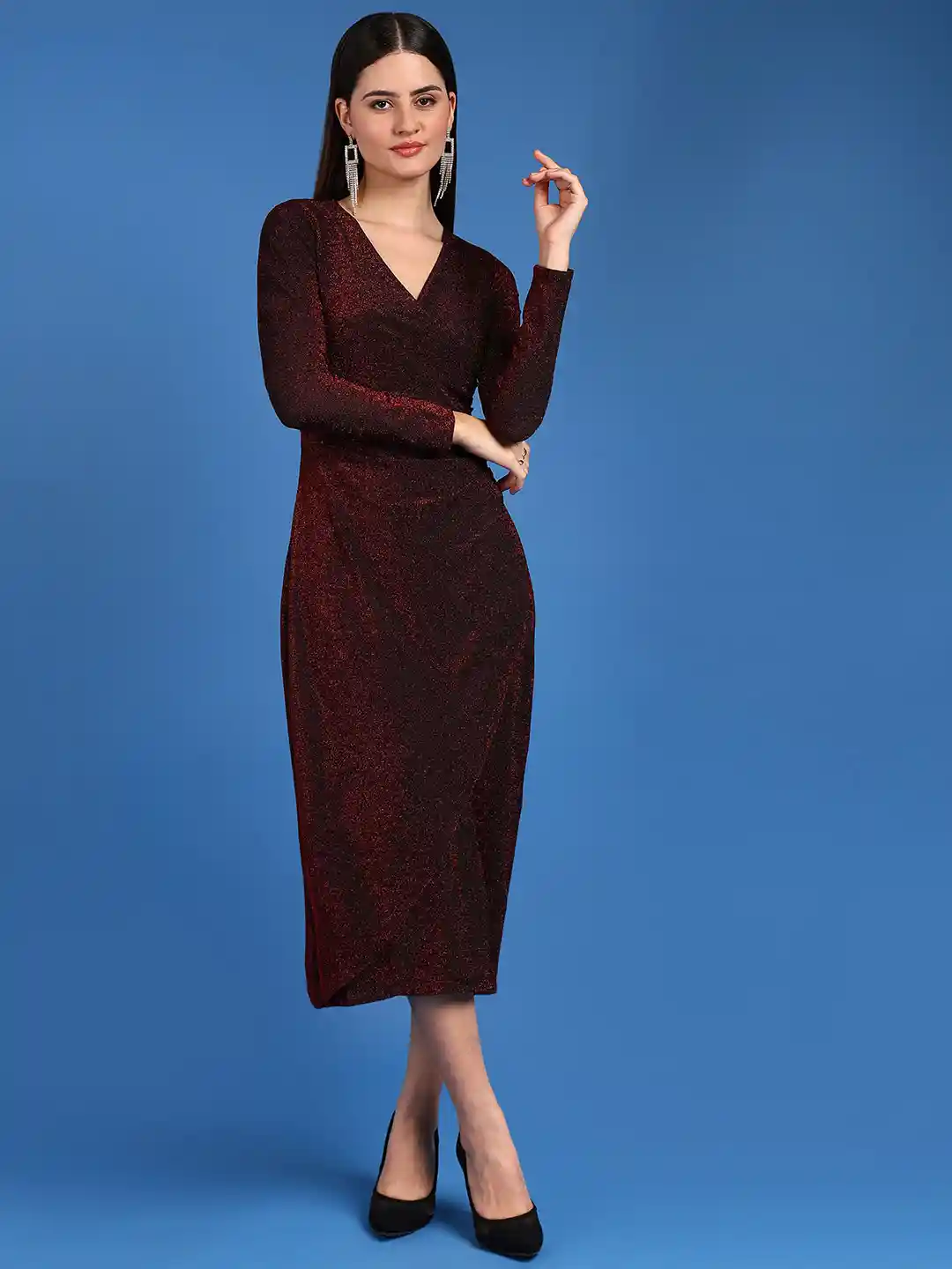 SAFFE Women's Textured Full Sleeve V-Neck Bodycon Body Fitted Midi Dress